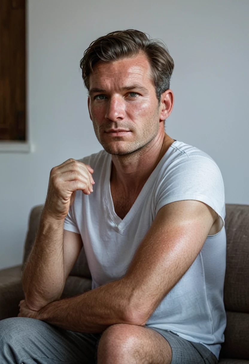 RAW photo, full body portrait, a blended man (doctor) and (bricklayer), 35-year-old, is sitting on a guest sofa, looking towards the audience,full sharp, detailed face, blue eyes, (high detailed skin:1.2), 8k uhd, dslr, soft lighting, high quality, film grain, Fujifilm XT3 dappled light on face, pale skin, skin pores, oiled shiny skin, skin blemish, imperfect skin, intricate skin details, visible skin detail, detailed skin texture, blush, wrinkles, vitiligo spots, moles, whiteheads, blackhead, white pimples, red pimples, beauty spot, skin fuzz, [[[[[freckles]]]]] (perfect eyes), ((perfect hands with four fingers and one thumb each))