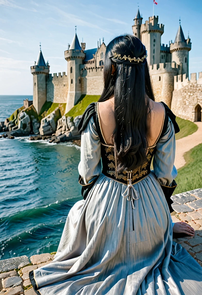 WOMAN WITH LONG BLACK HAIR SIT FROM BACK WITH A SIMPLE MEDIEVAL DRESS LOOK TO THE OCEAN WITH A CASTLE