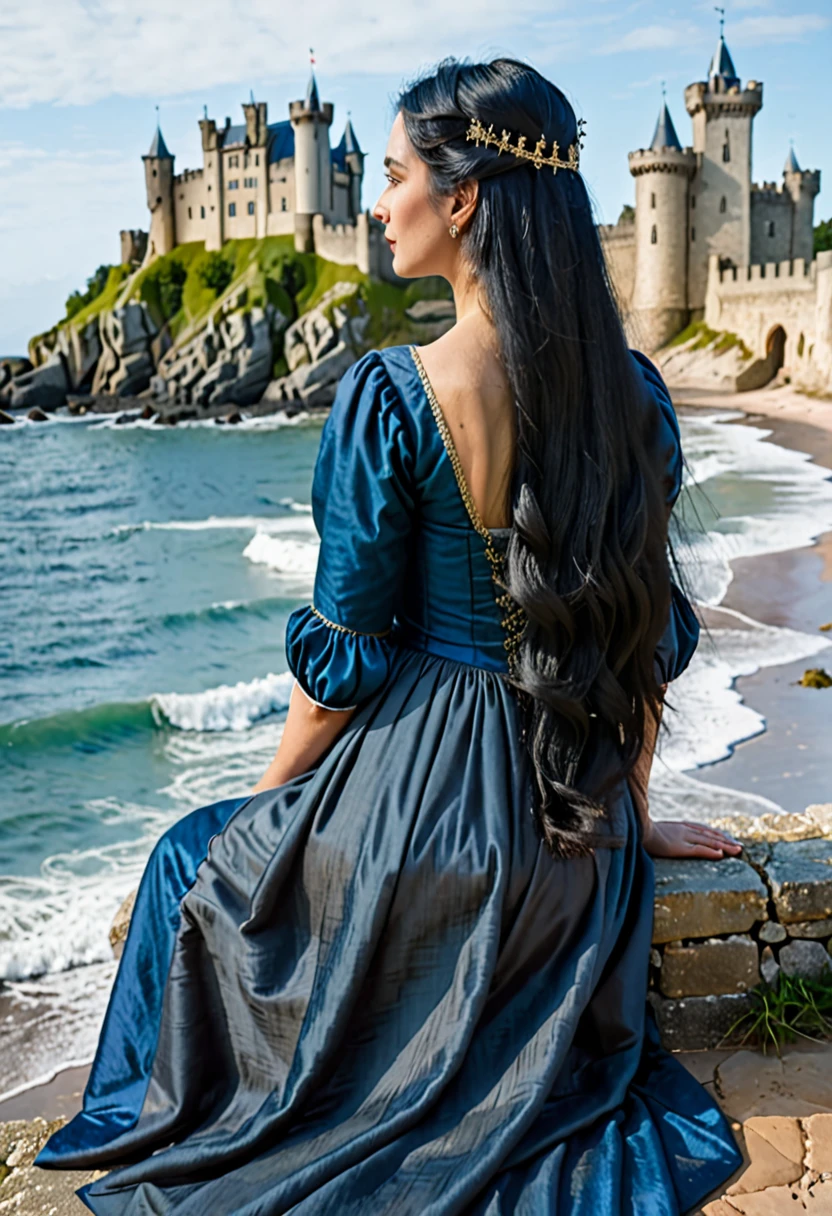 WOMAN WITH LONG BLACK HAIR SIT FROM BACK WITH A SIMPLE MEDIEVAL DRESS LOOK TO THE OCEAN WITH A CASTLE