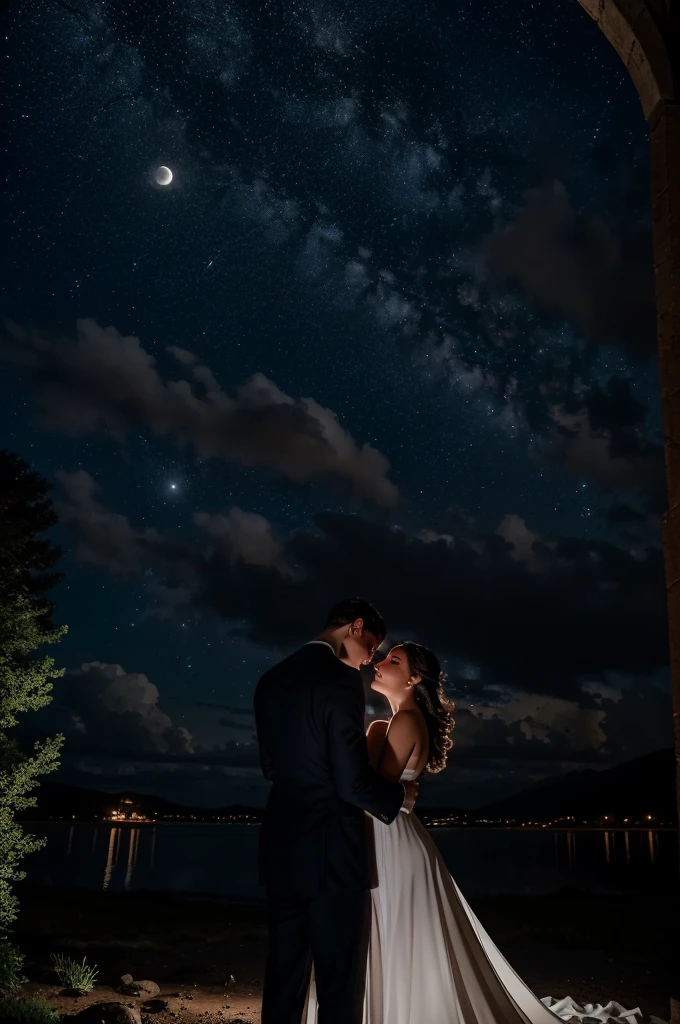 In a breathtaking night setting, a man in a classic black suit and a woman in a flowing white dress stand closely together, their foreheads gently touching. Behind them, a giant, radiant moon illuminates the sky, surrounded by a tapestry of stars and softly glowing clouds. The serene landscape and the couple's tender moment create a dreamlike atmosphere, highlighting their deep connection and the magic of the night.