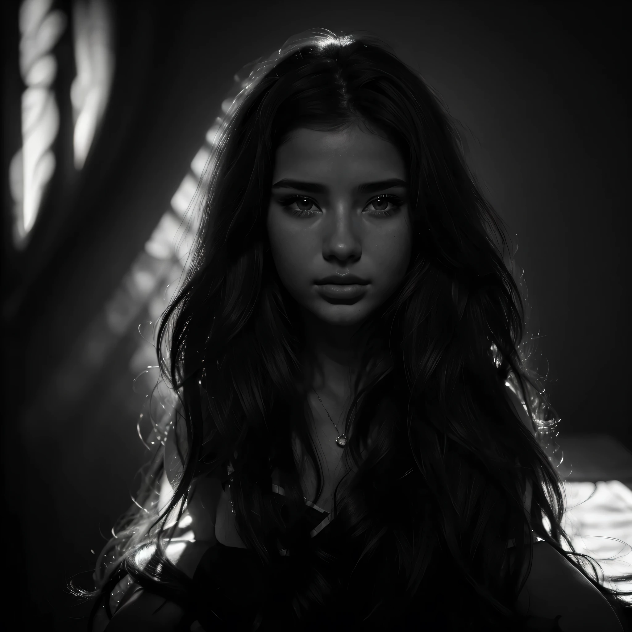 Adriana Lima, thick brown hair, chaude menue, Fille ukrainienne, Wavy brown hair, Dasha Taran, jolie belle brune, (solo one girl : 2.0),(realistic:1.3), finely detailed, quality, (masterpiece:1.2), (photorealistic:1.2), (best quality), (detailed skin:1.3), (intricate details), dramatic, 1girl, 21 years old, detailed skin texture, (blush:0.5), (goosebumps:0.5), serious expression, hair between eyes, close up portrait shot, dark background, (detailed shadows, monochrome, black and white photo, silhouette, spotlight, dark theme:1.4),
