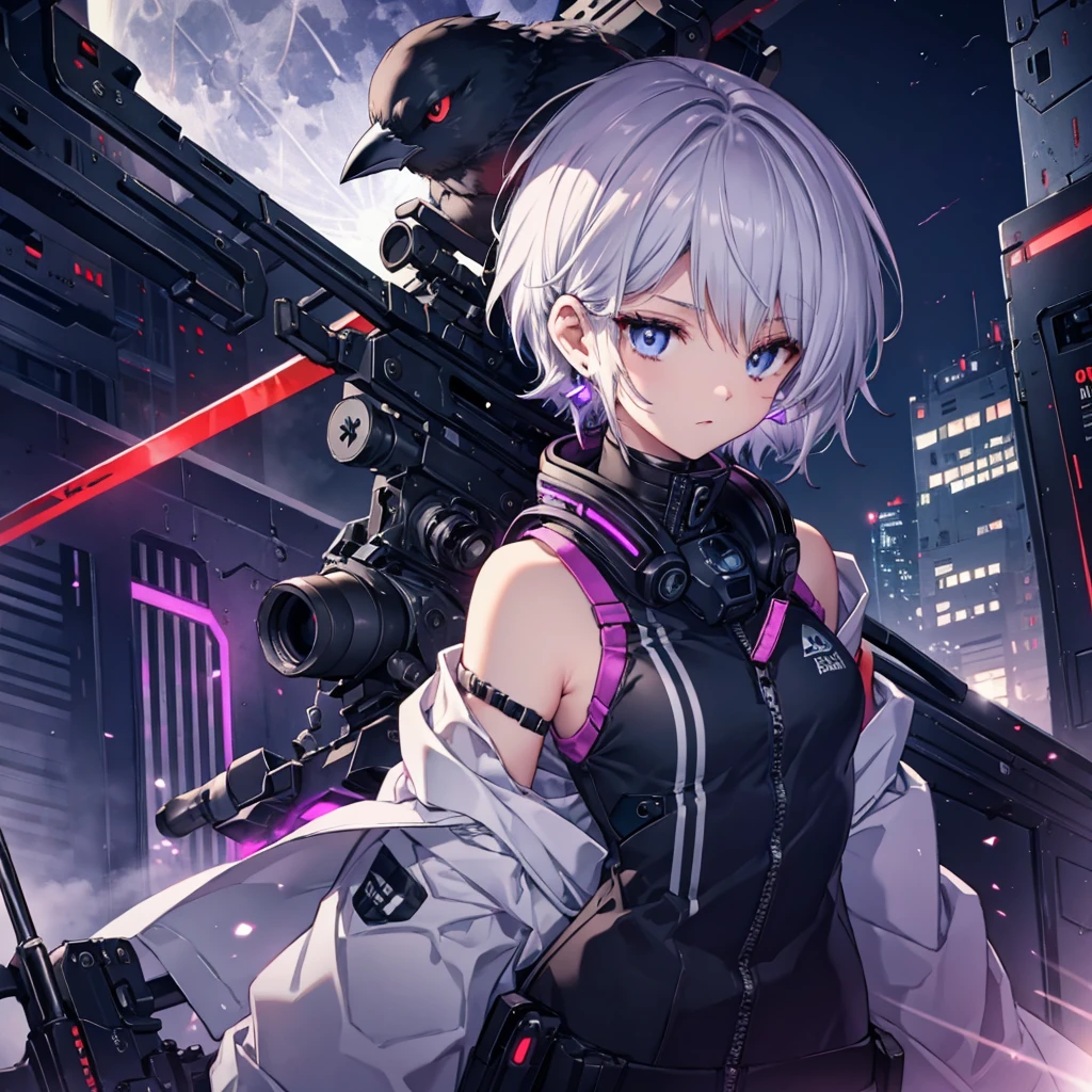 ((Gray Hair Short Hair blue eyes sniper rifle),((Crow night Red full moon)),(rooftop Drop shoulder Sailor suit cyber punk Shiny Earrings Purple light), Sweat A tense look Also々funny Face Headphones