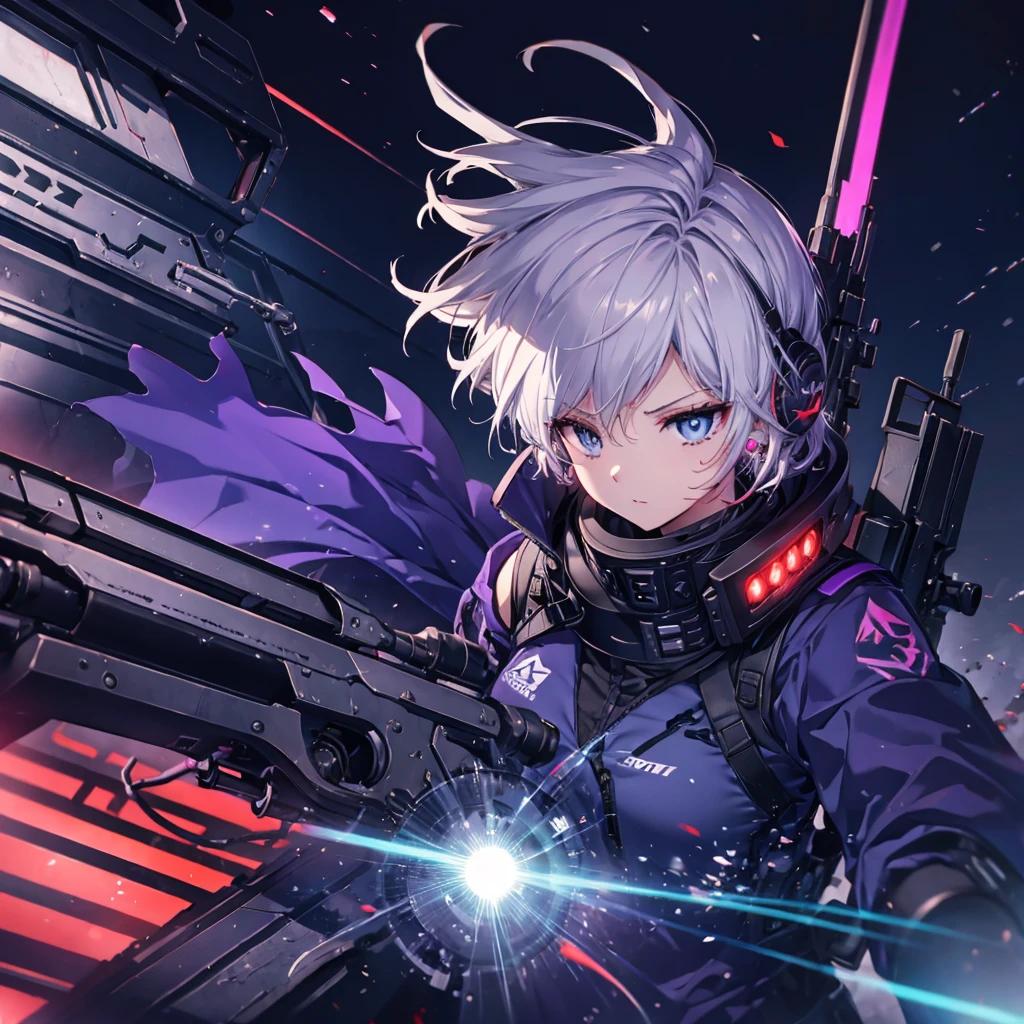 ((Gray Hair　Short Hair　blue eyes　sniper rifle)，((Crow　night　Red full moon))，(rooftop　Drop shoulder　Sailor suit　cyber punk　Shiny Earrings　Purple light)，　Sweat　A tense look　Also々funny Face　Headphones