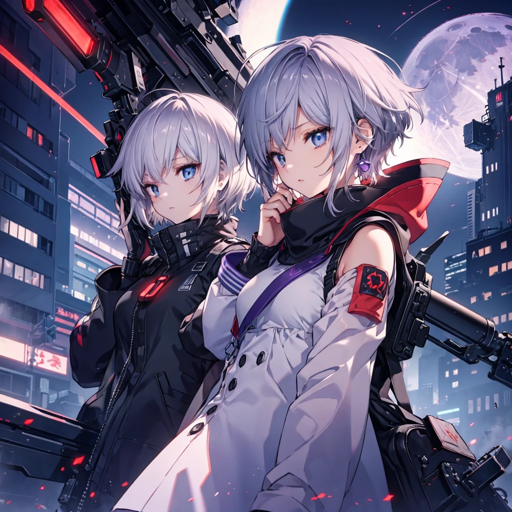 ((Gray Hair Short Hair blue eyes sniper rifle),((Crow night Red full moon)),(rooftop Drop shoulder Sailor suit cyber punk Shiny Earrings Purple light), Sweat A tense look Also々funny Face Headphones