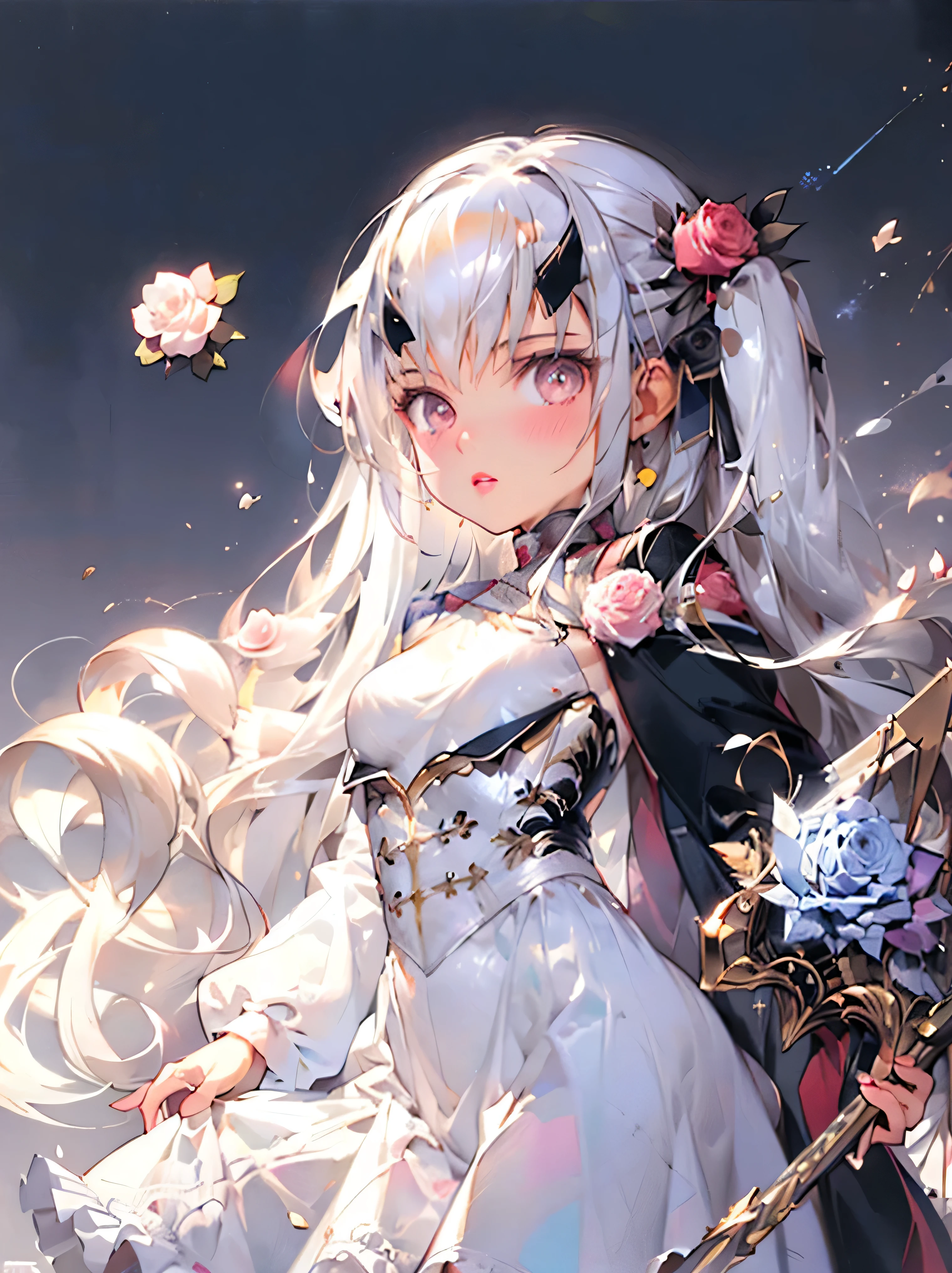 Uhd, absurdres, best_quality, masterpiece, best quality,1girl, solo, fairy knight lancelot (fate), long straight hair, sidelocks, forked eyebrows, white hair, small breasts,  gold eyes, looking at viewer, dress, cape, blue dress, bangs, long sleeves, white rose, parted lips, cowboy shot