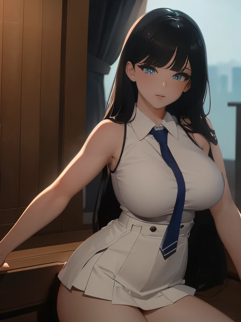(1girl:1.3), Masterpiece, Best quality, amazing beauty, 4K, absurdres, finely detail, super detailed eye, perfect anatomy, official art, cinematic lighting, BREAK, Club, two side up, black hair, super shiny detailed blue eyes, shy face, BREAK , huge breasts, corpulent, porcelain skin, , BREAK , (school uniform:1.2), BREAK,()