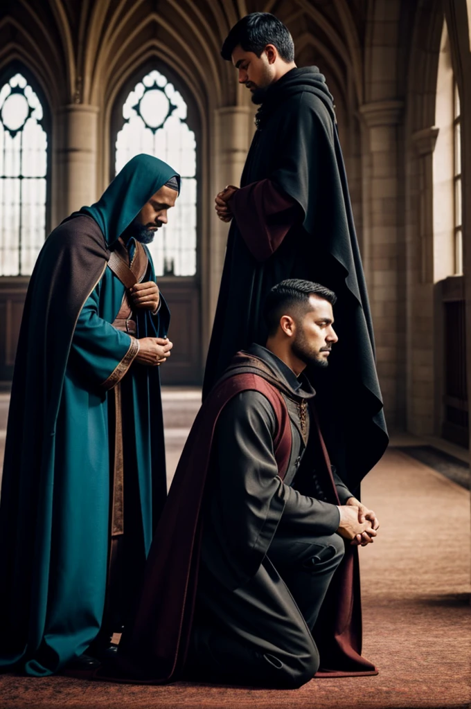A man kneels down to bow to a man with a cloak