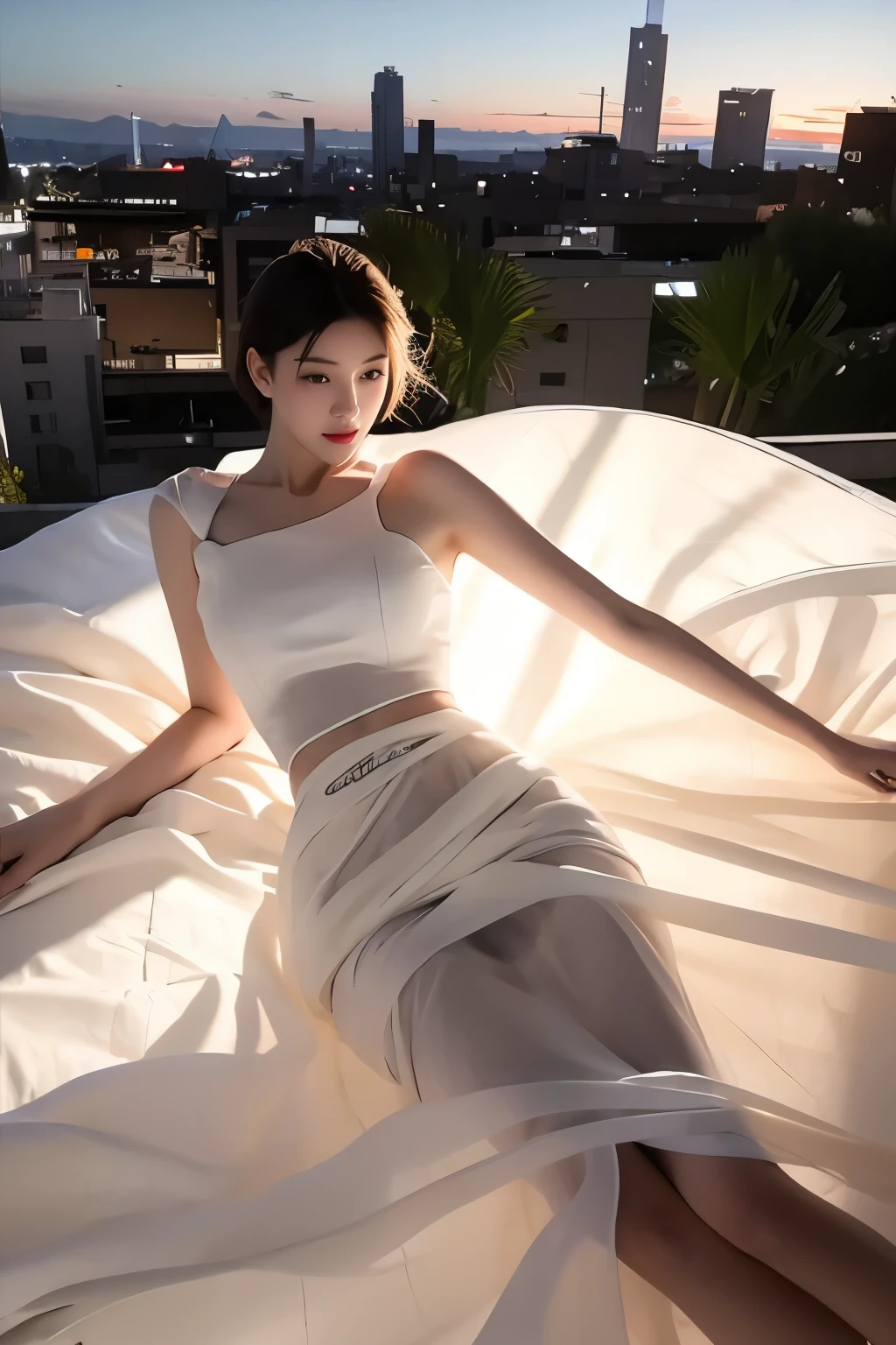  (masterpiece, best quality:1.2), 1girl, solo, delicate face, white-skinned female, see-through silhouette, white dress, full body,outdoor,lying on stomach,on the rooftop of a tall building