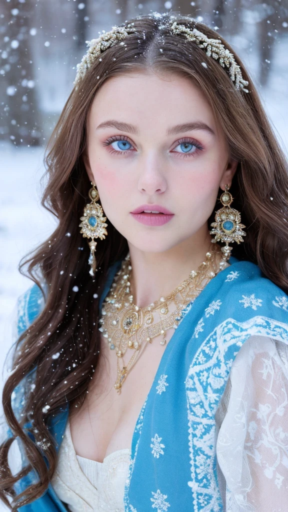 Beautiful girl - Lily Rose Depp, blue eyes, long curly white hair witg, detailed facial traits, beautiful earrings, national turkic female dress, naked breasts, yurta behind, it's snowing, sexy pose