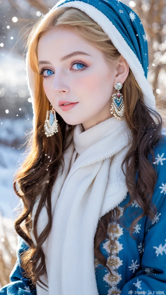 Beautiful girl, blue eyes, long curly white hair witg, detailed facial traits, beautiful earrings, national white turkic female dress (Chuvash), naked breasts, yurta behind, it's snowing, sexy pose