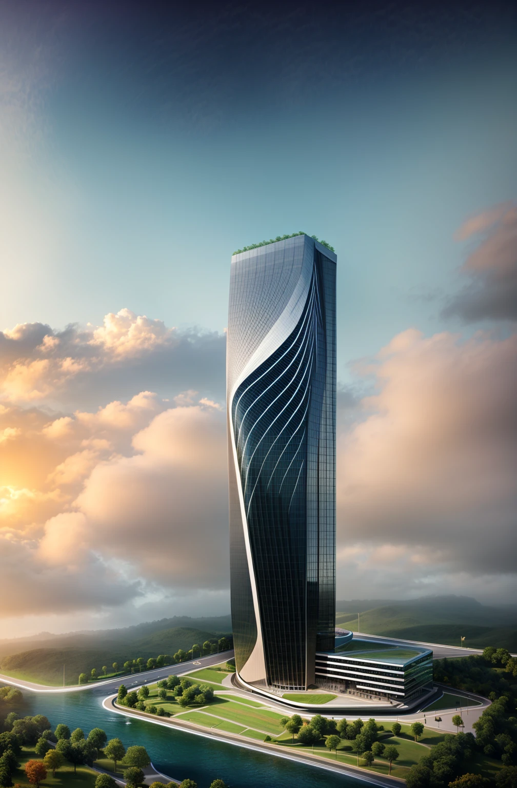 (head of&#39;artwork, best quality:1.2), rendering of a modern Office building ,hotel, Office building ,urban landscape, white wall,  fenêtre en verre noir