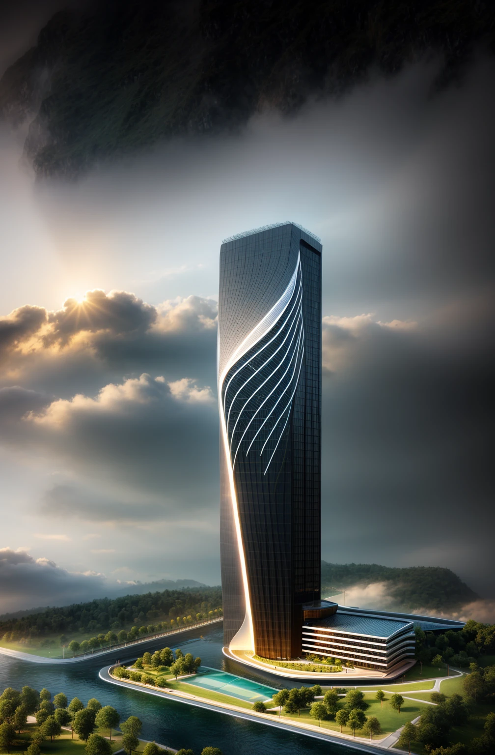 (head of&#39;artwork, best quality:1.2), rendering of a modern Office building ,hotel, Office building ,urban landscape, white wall,  fenêtre en verre noir