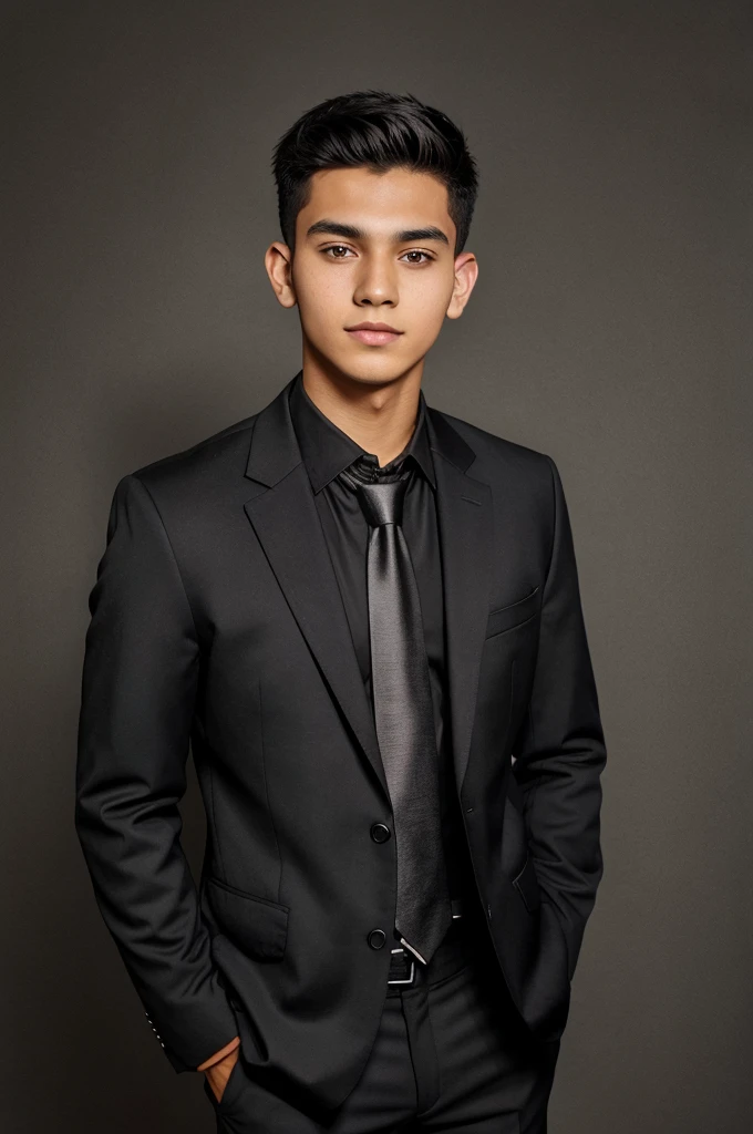 A 20 year old boy wearing black blazer and nech tie and background is balck and passport size photo for linkedin profile