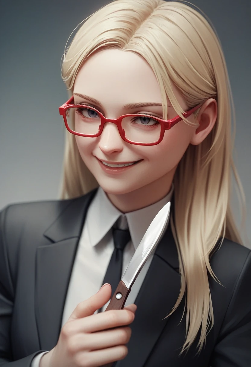 (blonde woman long hair alone smiling), (only the bust), (Black Suit), (Red glasses), (fork in one hand and knife in the other hand), (3d style image).
