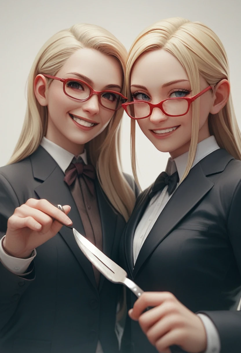 (blonde woman long hair alone smiling), (only the bust), (Black Suit), (Red glasses), (fork in one hand and knife in the other hand), (3d style image).