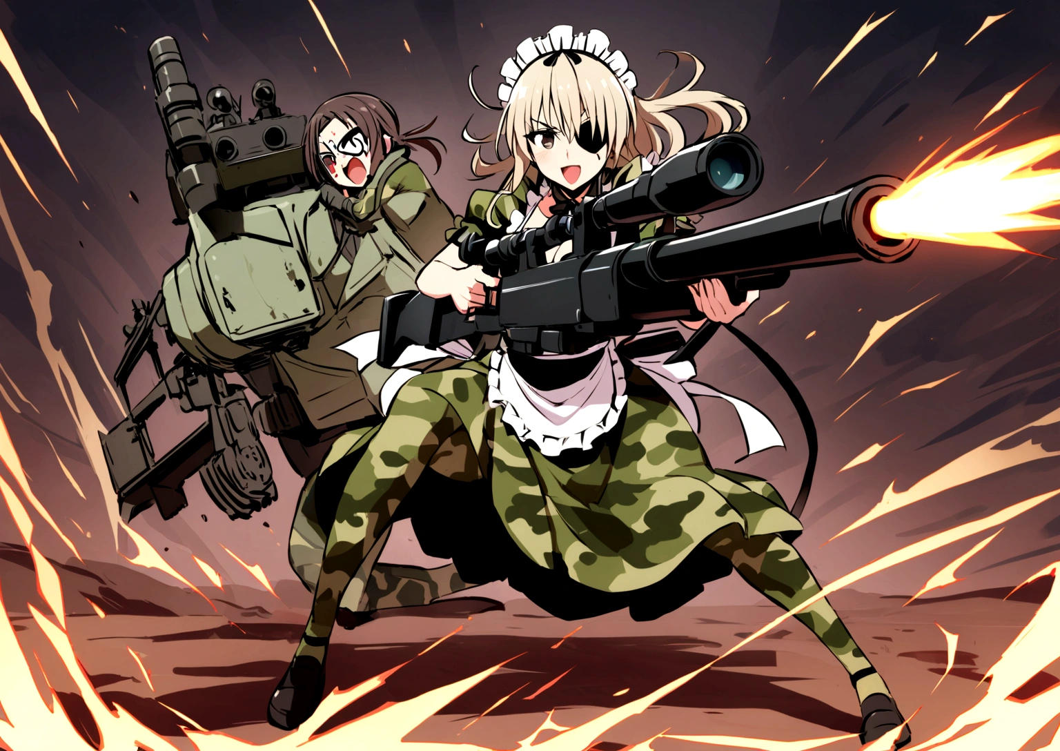 (masterpiece:1.4)(A beautiful woman in a camouflage maid uniform is aiming with a rocket launcher)(Battlefield Wilderness)(Female Sniper)(Blood on the face)(Dynamic Movement)(Grim expression)(Eye patch)(Full body)