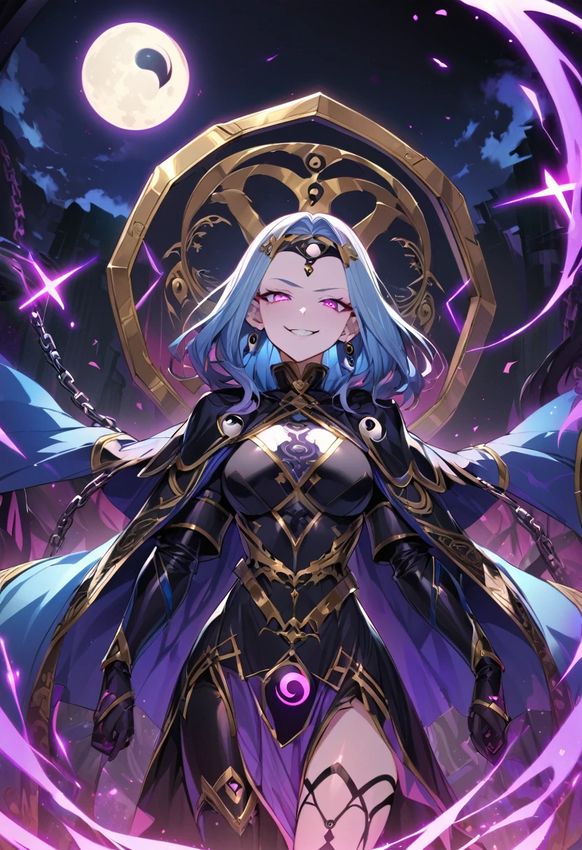 nsfw, penis, cum, satou kuuki, Embracing dark aura, pubic tattoo, glowing tattoo, 1girl, thigh high boots, medium hair, Feeling magical energy, octagonal yin yang mirror, cape, forehead accessory, runes, evil smile, stand-up collar, black body suit, at midnight, Holding a symbol of faith, purple eye, sky blue hair, gold decoration, evil eye decoration, moon, earring, chains, belt, yin yang, skirt, beautiful art, high res, perfect face, detailed outfit