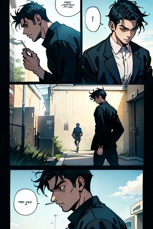  Guy with short black hair smoking and running, manga page with panels and dialogue    