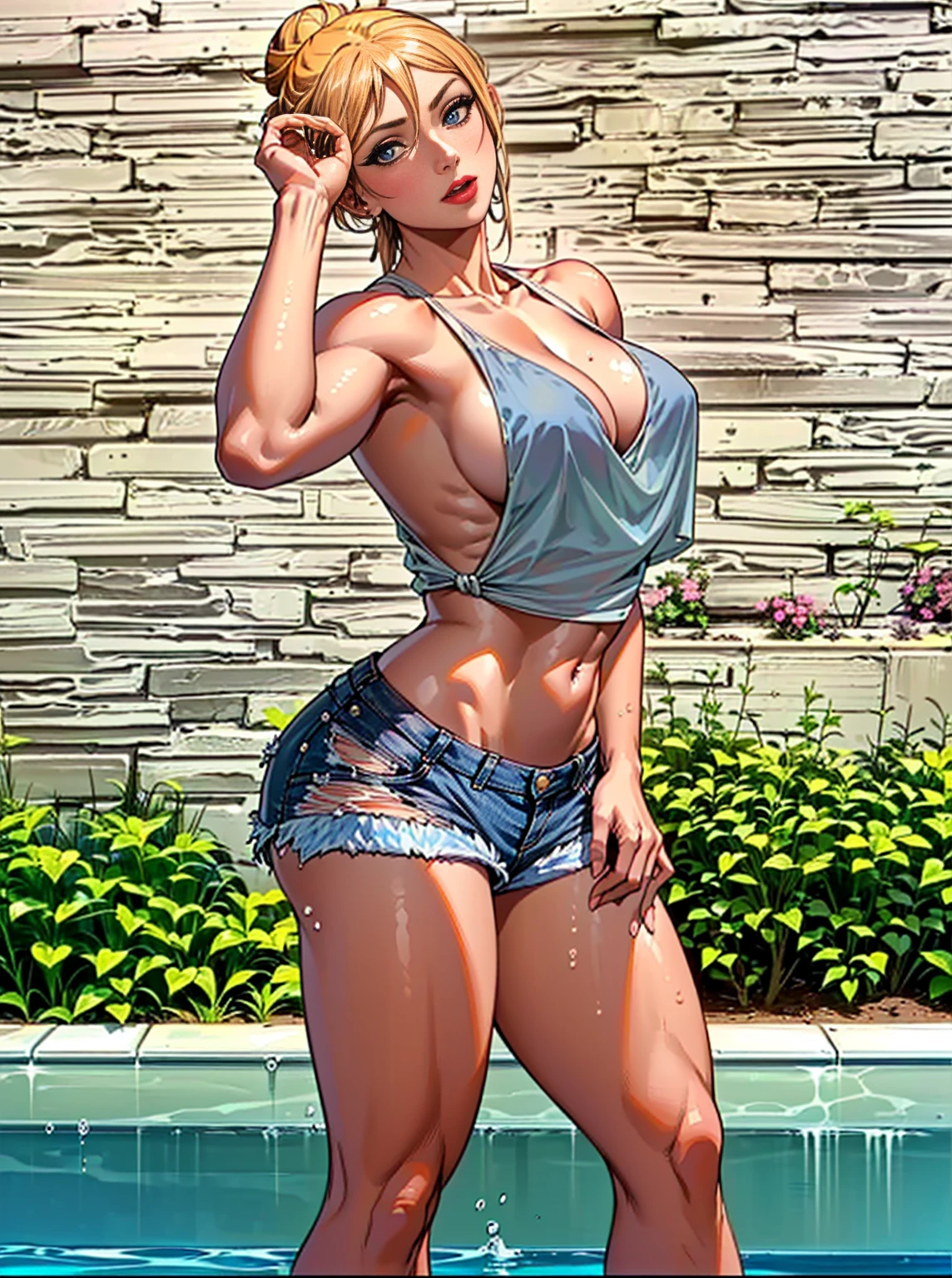 ((1girl, solo, Reina Morimoto, morimoto_reina, (blue eyes, hair bun, high bun of hair), lipstick, jade earrings, muscular, fitness)), beautiful)), ((solo, (1woman, pink lipstick), Extremely detailed, ambient soft lighting, 4k, perfect eyes, a perfect face, perfect lighting, a 1girl)), ((fitness, shapely body, athletic body, toned body)),, ((blouse with sequins, silver blouse, sparkling blouse, mini shorts, denim shorts, ripped shorts, swimming pool, garden, backyard, bushes, flowers, wall, hedge))