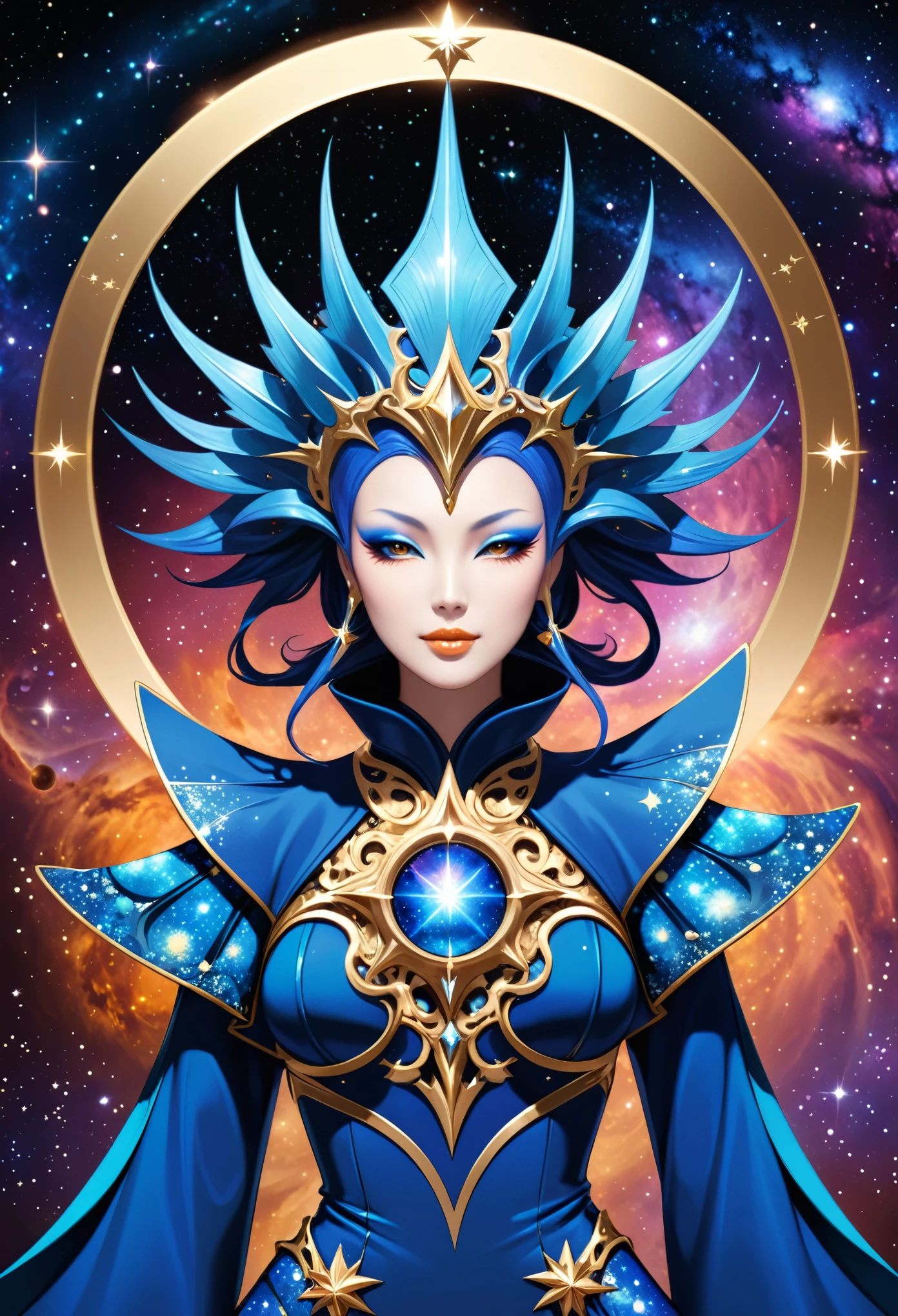 in style of Thierry Mugler，character concept design, half body，Japanese wizard，rococo style，galaxy，Fractal，Halo，