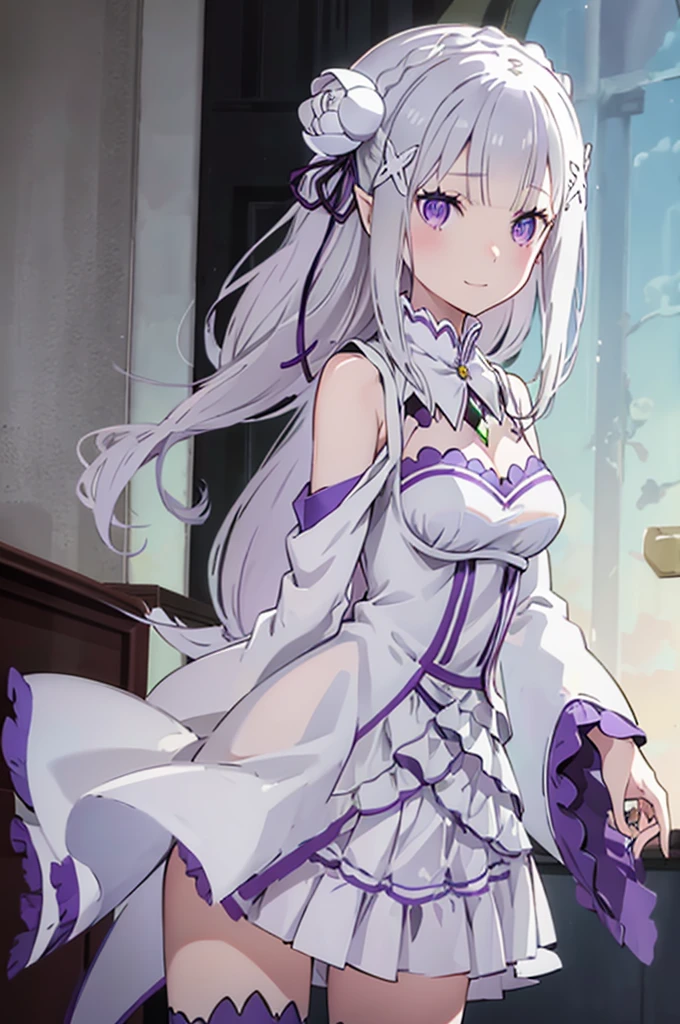 emilia,
Rezero emilia,
1girl,
best illustration, masterpiece, best quality, anime screencap,
perfect anatomy, nice hands, perfect hands, BREAK long hair, low-tied long hair, braid, crown braid,
white hair,
(purple eyes:1.2), (beautiful detailed eyes:1.6),
looking at viewer,
pointy ears,
BREAK smile,
dress, pink dress, BREAK bare shoulders, detached collar, long sleeves, shoulder cutout, wide sleeves, white sleeves,
medium breasts,
zettai ryouiki,
flower, hair flower, hair ornament, hair ribbon, white flower, x hair ornament,
cowboy shot ,
perfect lighting,
background of indoor,