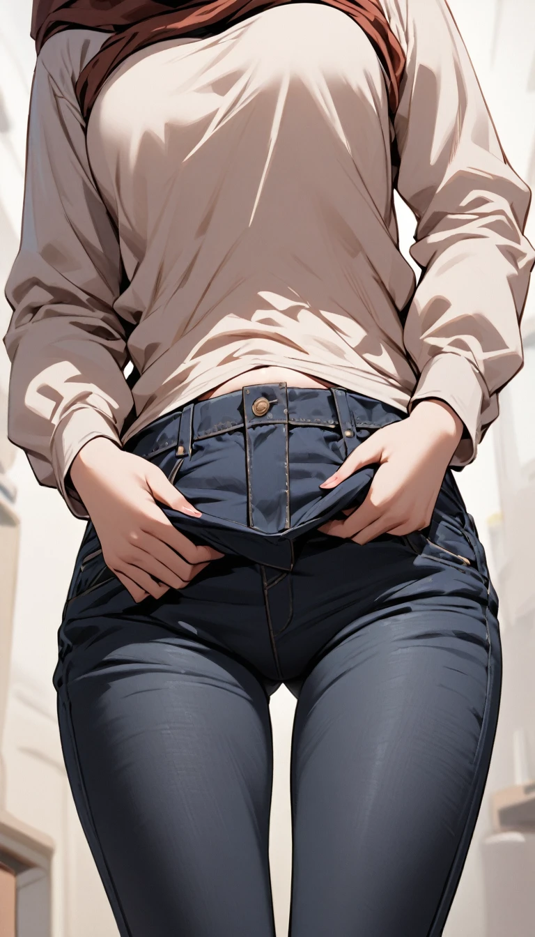 Girl wearing Hijab & shirt, her black low rise jeans slipping down, her hands on her head, focus on her belly, close view