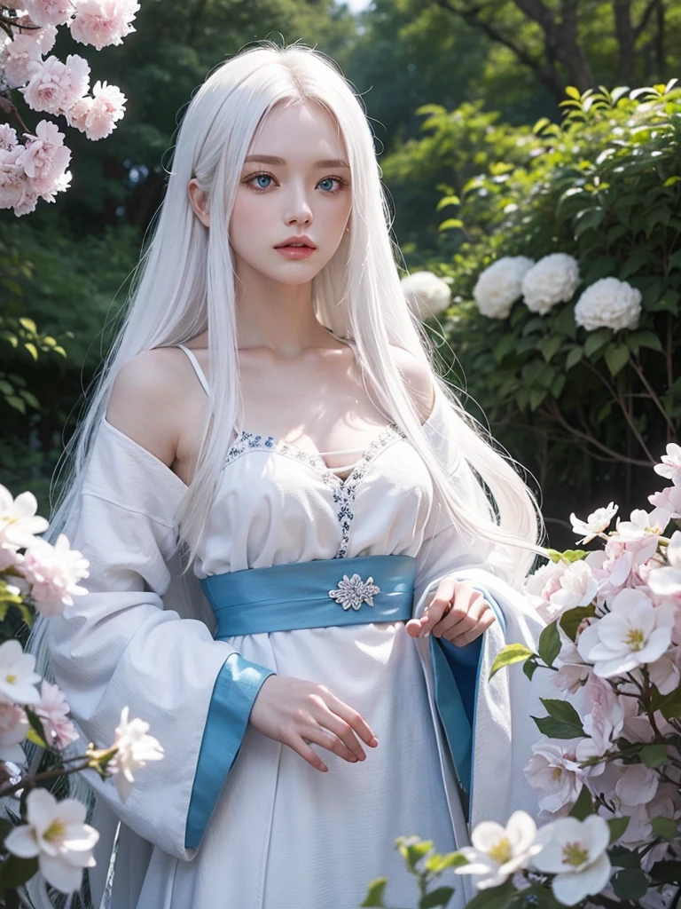 Long white hair, blue eyes, serious features, white skin, loose style, in a garden, with flowers , in the forest ,in the Sakura Korea