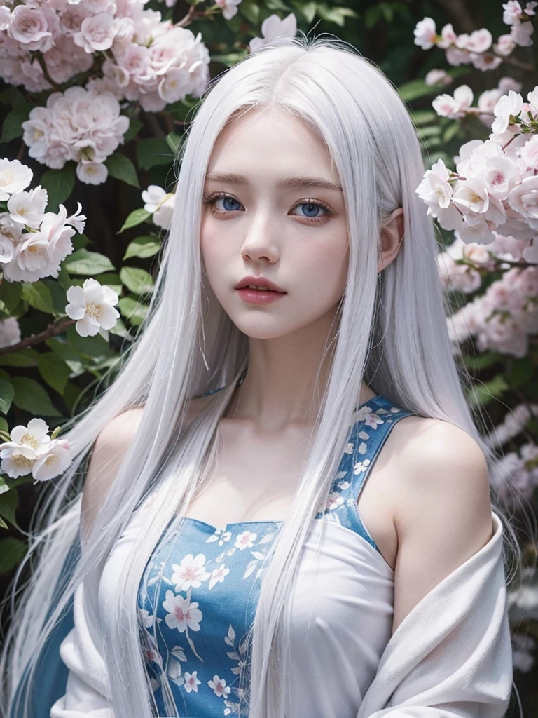 Long white hair, blue eyes, serious features, white skin, loose style, in a garden, with flowers , in the forest ,in the Sakura Korea