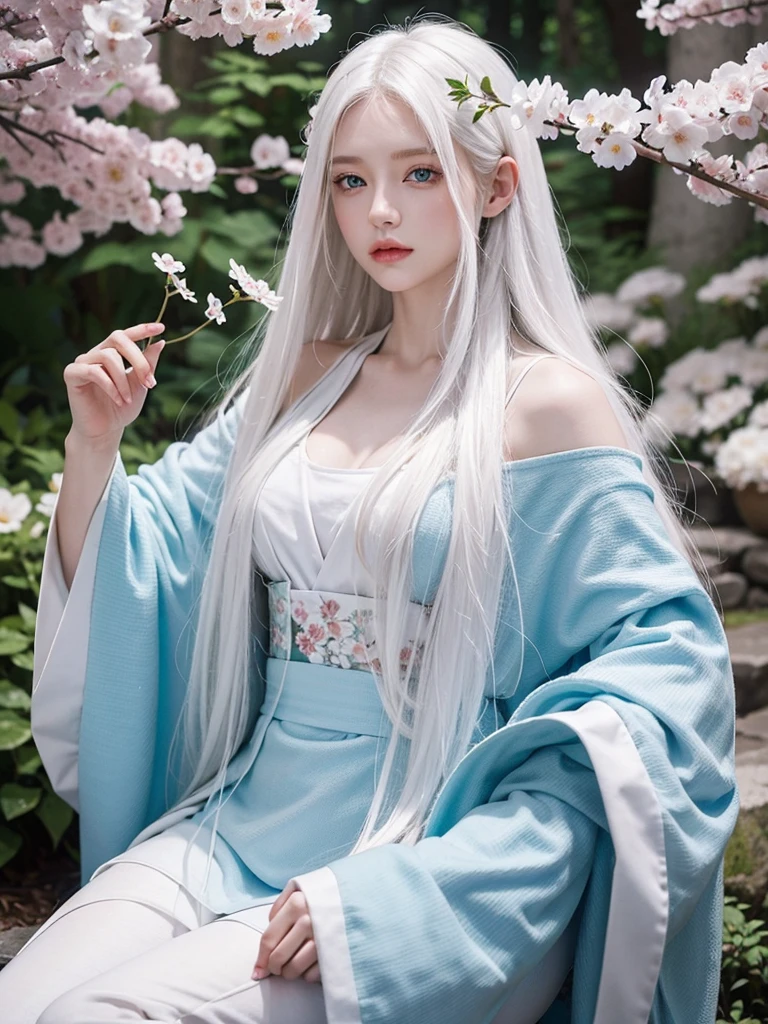 Long white hair, blue eyes, serious features, white skin, loose style, in a garden, with flowers , in the forest ,in the Sakura Korea