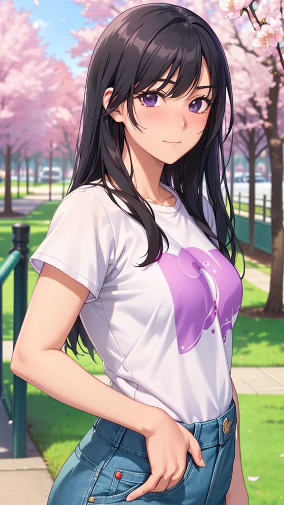 ((masterpiece, highest quality, High resolution, UHD, perfect pixel, Depth of bounds written, 4K, rtx, HDR))), 1 girl, single, alone, beautiful anime girl, beautiful art style, anime character, ((long hair, blunt bangs, black hair)), ((purple eyes:1.4, round eyes, realistic eyes)), ((eyelash, ultra-detailed eyelash, smooth eyelash)), ((detailed face, blush:1.2)), ((smooth texture:0.75, realistic texture:0.65, realistic:1.1, Anime CG style)), medium breasts, dynamic angle, perfect body, ((stand, One hand on your waist )), ((T shirt, Long Levis pants)), smile, open your mouth, garden, ((Cherry blossoms at night)), Natural light, bright sky, sunlight