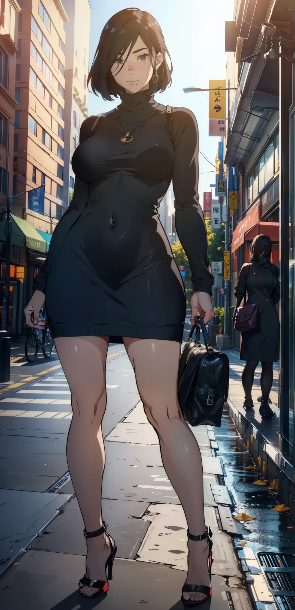 1girl:1.5, masterpiece,(in the middle of the city:1.5), raw color, 8k, illustrator, masterpiece, high quality, 8k, high resolution, high detailed, midriff, high quality, （very detailed cg unity 8k wallpaper），best qualtiy，cinematic lighting, ultra - detailed，masterpiece，）, (cleavage:1), (bodypress turtleneck dress:1.5), (big breast), depth of field, front view, smirk smile, detail face, armpit, full body, (highheels), (hollow chest:1.5)