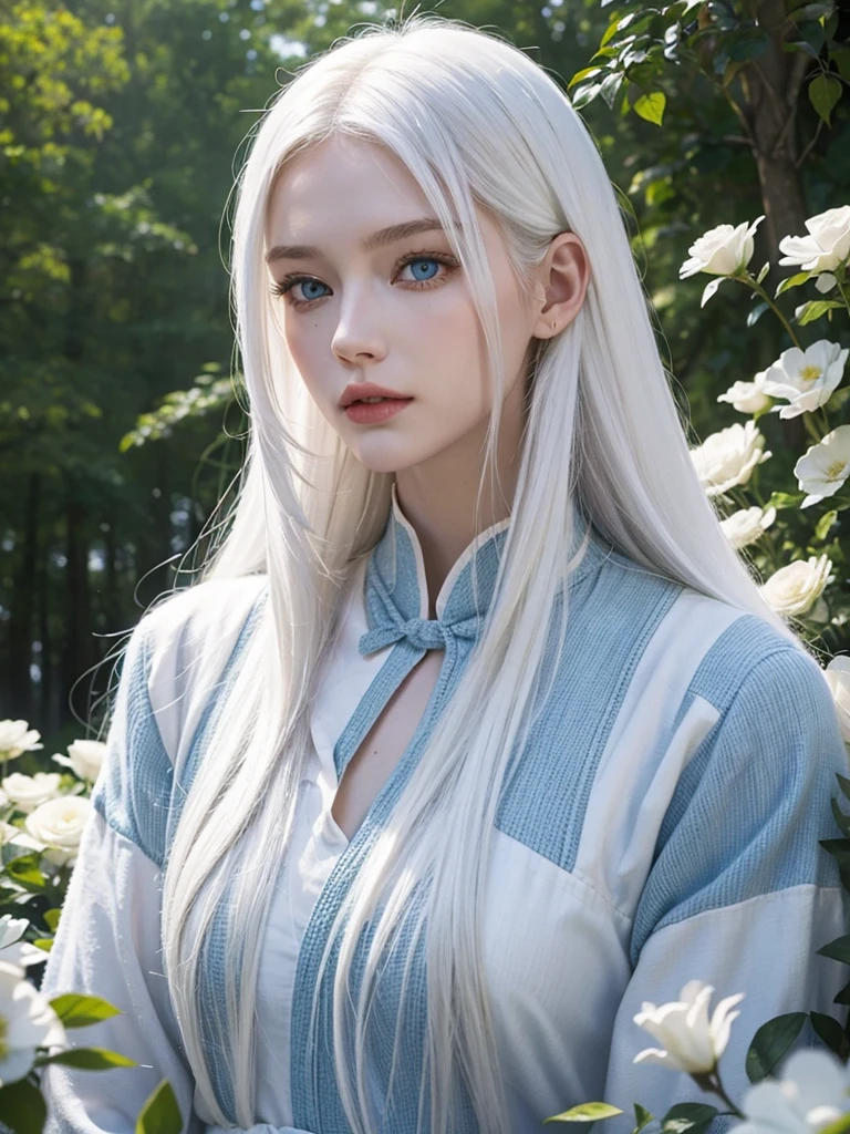 Long white hair, blue eyes, serious features, white skin, loose style, in a garden, with flowers , in the forest