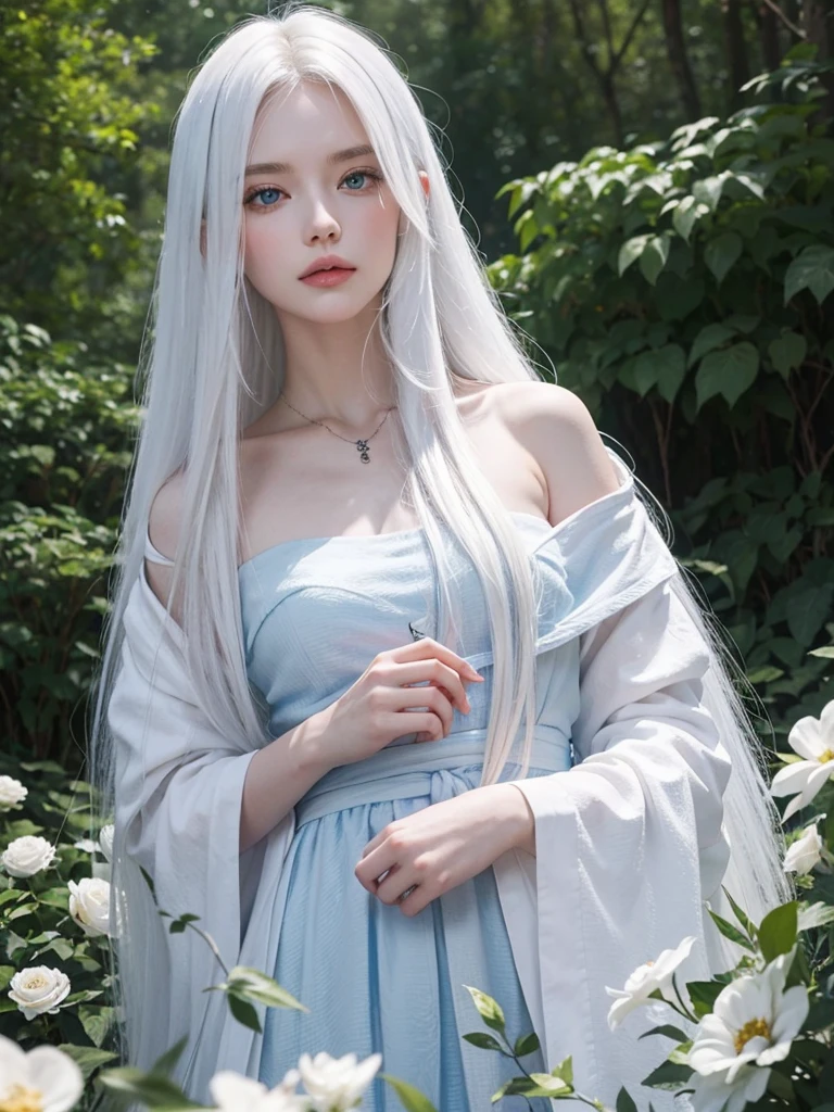Long white hair, blue eyes, serious features, white skin, loose style, in a garden, with flowers , in the forest