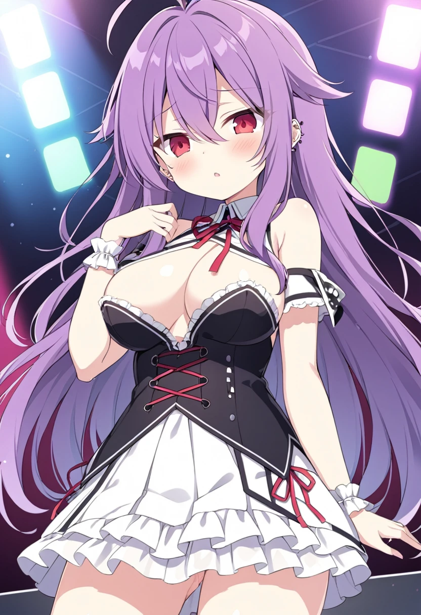 SHINONOMEREI, PURPLE HAIR, ANTENNA HAIR, HAIR BETWEEN EYES, MESSY HAIR, LONG HAIR, RED EYES, EAR PIERCING,, large breasts, live stage, solo,, nsfw