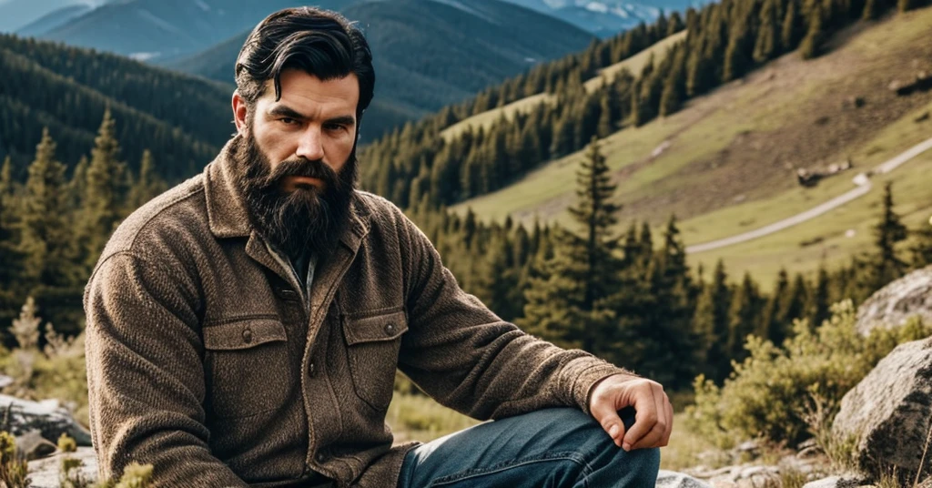 A mountain man from vellage werring old clothes black hair