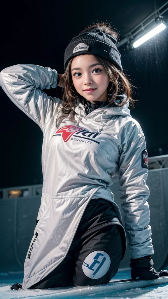 ((A girl playing on the slopes)), (beautiful girl, Cute face, Japanese Idols), Outstanding Style, ((Detailed eyes and face, Professional photography techniques, Cinema Lighting)), Detailed hands, (Highest quality, 8K, masterpiece:1.2, RAW Photos), (Reality:1.4), View the viewer, ((Stylish snowboard wear:1.2)), (Perfect Anatomy:1.3)