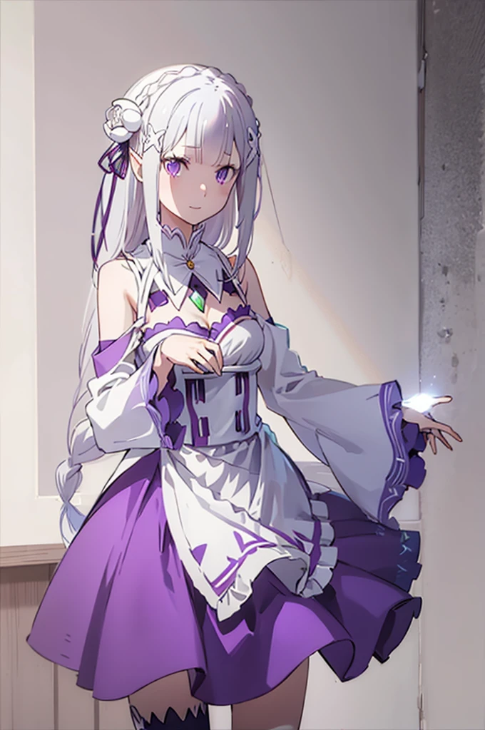 emilia, 
Rezero emilia, 
1girl, 
best illustration, masterpiece, best quality, anime screencap, (official art:0.7), 
perfect anatomy, nice hands, perfect hands, BREAK long hair, low-tied long hair, braid, crown braid,
white hair, 
(purple eyes:1.2), (beautiful detailed eyes:1.6),
looking at viewer, 
pointy ears,
BREAK smile, 
dress, pink dress, BREAK bare shoulders, detached collar, long sleeves, shoulder cutout, wide sleeves, white sleeves, 
medium breasts, 
zettai ryouiki, 
flower, hair flower, hair ornament, hair ribbon,   white flower, x hair ornament,
cowboy shot ,
perfect lighting,
background of indoor, 