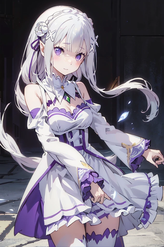emilia,
Rezero emilia,
1girl,
best illustration, masterpiece, best quality, anime screencap, (official art:0.7),
perfect anatomy, nice hands, perfect hands, BREAK long hair, low-tied long hair, braid, crown braid,
white hair,
(purple eyes:1.2), (beautiful detailed eyes:1.6),
looking at viewer,
pointy ears,
BREAK smile,
dress, pink dress, BREAK bare shoulders, detached collar, long sleeves, shoulder cutout, wide sleeves, white sleeves,
medium breasts,
zettai ryouiki,
flower, hair flower, hair ornament, hair ribbon, white flower, x hair ornament,
cowboy shot ,
perfect lighting,
background of indoor,