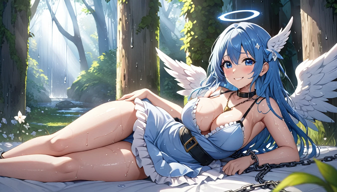 angel girl,((blue hair)),beautiful face,angel with white wings, smiling, fit body, big wet breast,wearing blue angel dress, (open mouth:0.4),illustration,detailed textures,ultra-detailed(realistic),portrait style,vivid colors,soft lighting. blue hair angel girl , small girl, one girl, blue angel dress, face on camera, tight shirt, show large chest, dark isekai, shy girl, pitiful face, face forward to camera, bent pose, asking pose, pink cheeks, half body, body on big chain, smile, blue eyes, no nails, pink blushes, lying on grass, very big breast, cleavage, wet breast, leg_up, lot of iron chains, anime girl leans forward, looking at viewer, slave collar necklace seductive anime girl, 8k octae render photo, cushart krenz key art feminine, 8k high quality detailed art, a sexy maid in a magical forest, anime girl with big breast laying on a bed in a room, anime goddess,