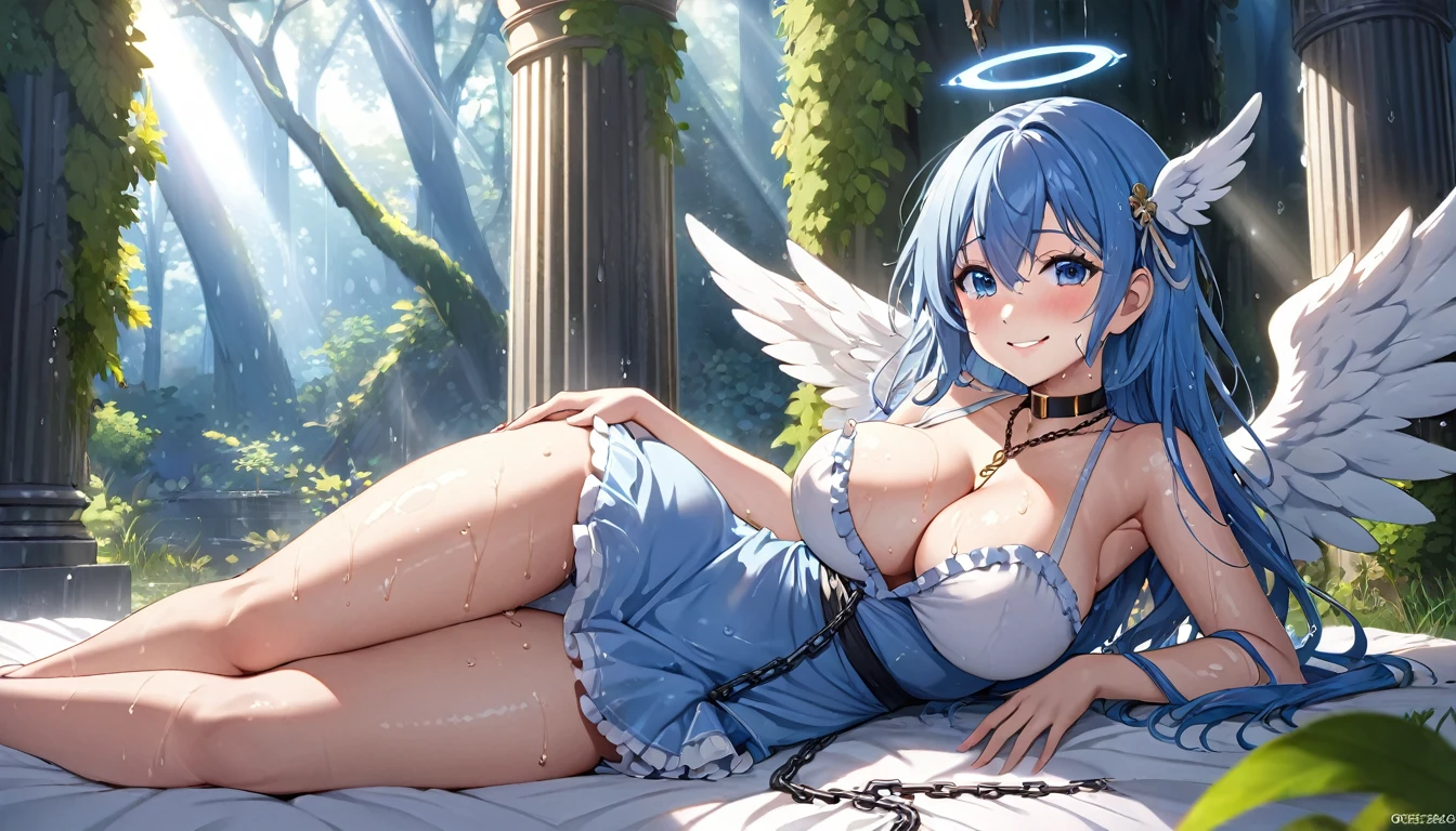angel girl,((blue hair)),beautiful face,angel with white wings, smiling, fit body, big wet ,wearing blue angel dress, (open mouth:0.4),illustration,detailed textures,ultra-detailed(realistic),portrait style,vivid colors,soft lighting. blue hair angel girl , small girl, one girl, blue angel dress, face on camera, tight shirt, show large chest, dark isekai, shy girl, pitiful face, face forward to camera, bent pose, asking pose, pink cheeks, half body, body on big chain, smile, blue eyes, no nails, pink blushes, lying on grass, very big breastvage, we, leg_up, lot n chains, anime girl leans forward, looking at viewer, slave collar necklace seductive anime girl, 8k octae render photo, cushart krenz key art feminine, 8k high quality detailed art, a sexy maid in a magical for, anime girl with big breast laying on a bed in a rnime goddess,