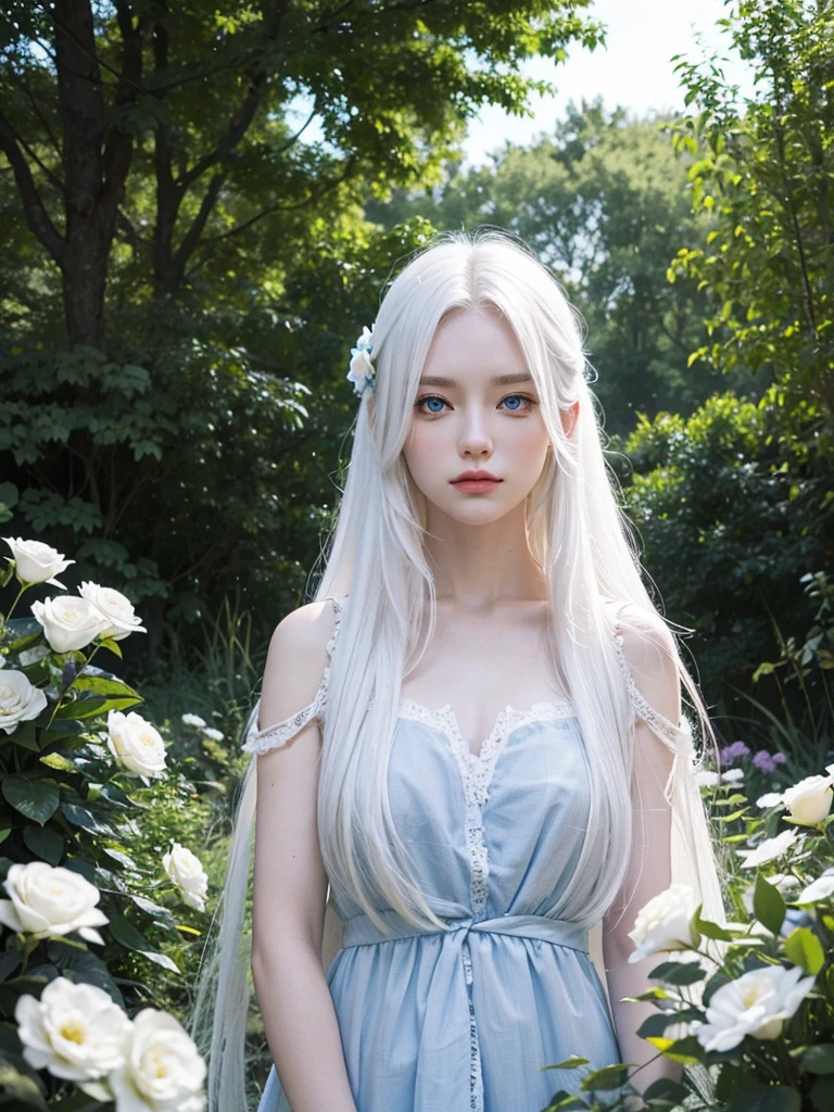 Long white hair, blue eyes, serious features, white skin, loose style, in a garden, with flowers , in the forest