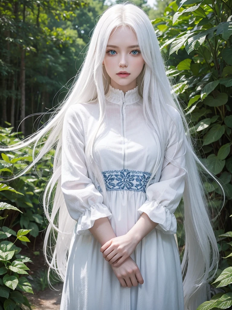 Long white hair, blue eyes, serious features, white skin, loose style, in a garden, with flowers , in the forest 