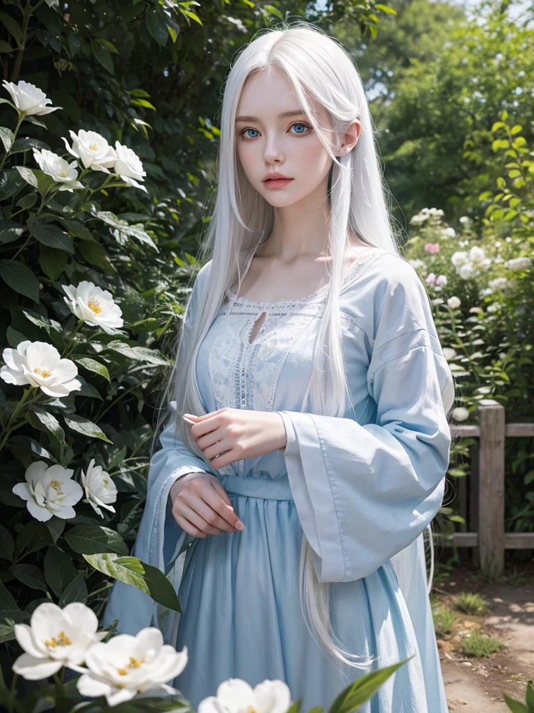 Long white hair, blue eyes, serious features, white skin, loose style, in a garden, with flowers , in the forest 