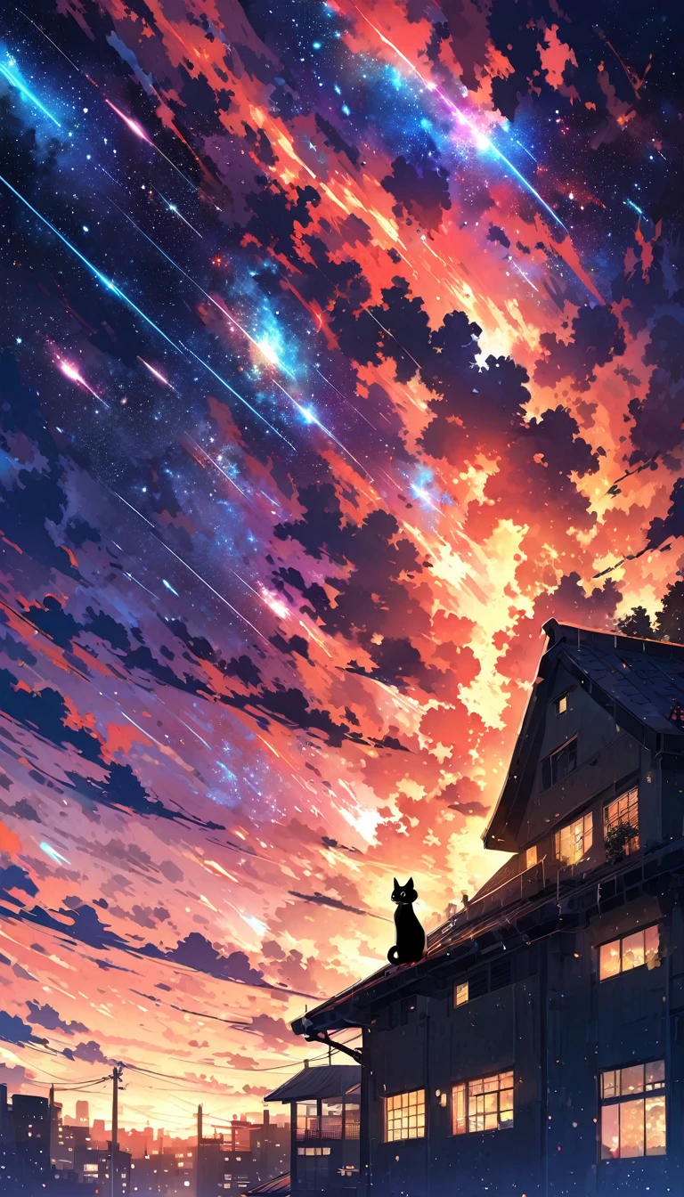 anime painting inspired by Makoto Shinkai, space art, (sideways (black cat) sitting on the roof of a building looking at the sky), mysterious, fantastic, meteor shower, intricate lights, twinkling city lights, (((unmanned))),
