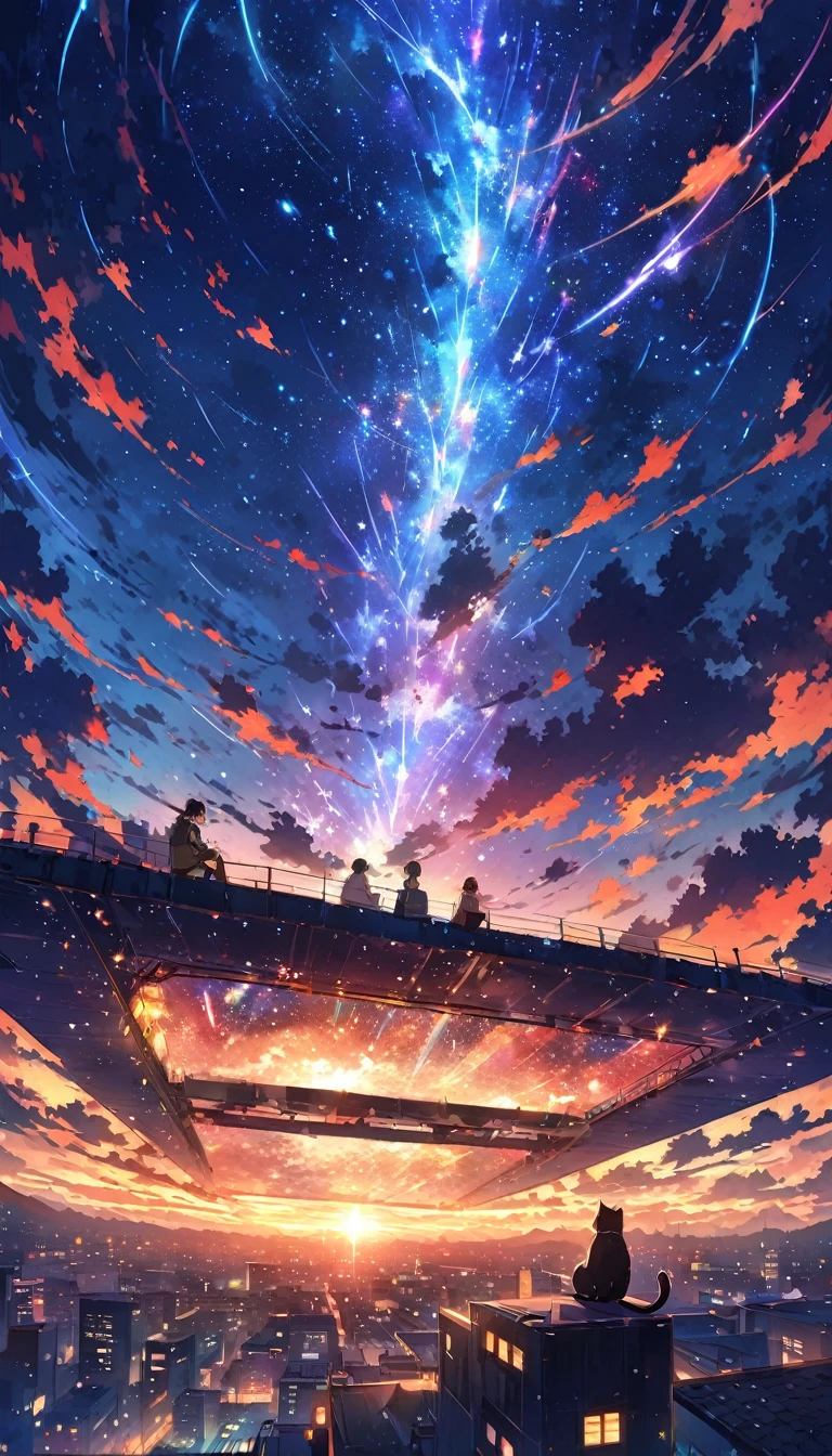 anime painting inspired by Makoto Shinkai, space art, (sideways (black cat) sitting on the roof of a building looking at the sky), mysterious, fantastic, meteor shower, intricate lights, twinkling city lights, (((unmanned))),