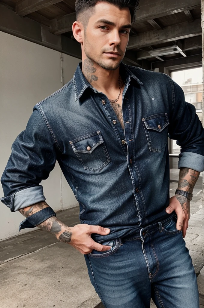He’s wearing dark wash jeans, and a white button up with a black wet over the top if sleeves are rolled up to his elbow, allowing his ink to peek out