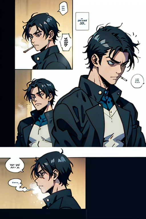 Guy with short black hair smoking and running, manga page with panels and dialogue