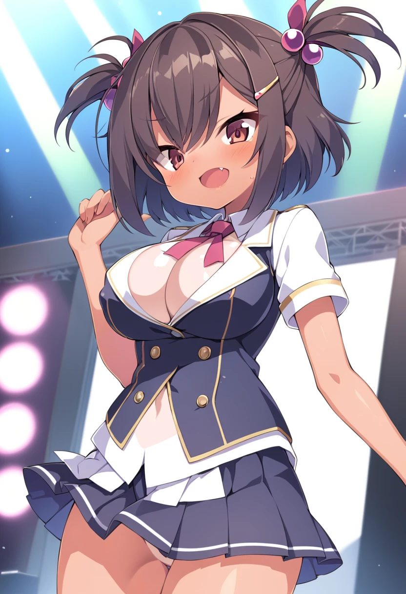 brown eyes, tan, tanlines, one-piece tan, hair ornament, brown hair, hair ornament, solo, fang, hair bobbles, short hair. two side up,, (large breasts:1.5), live stage, 11years old nipple blazer uniform, Blazer skirt, alone,