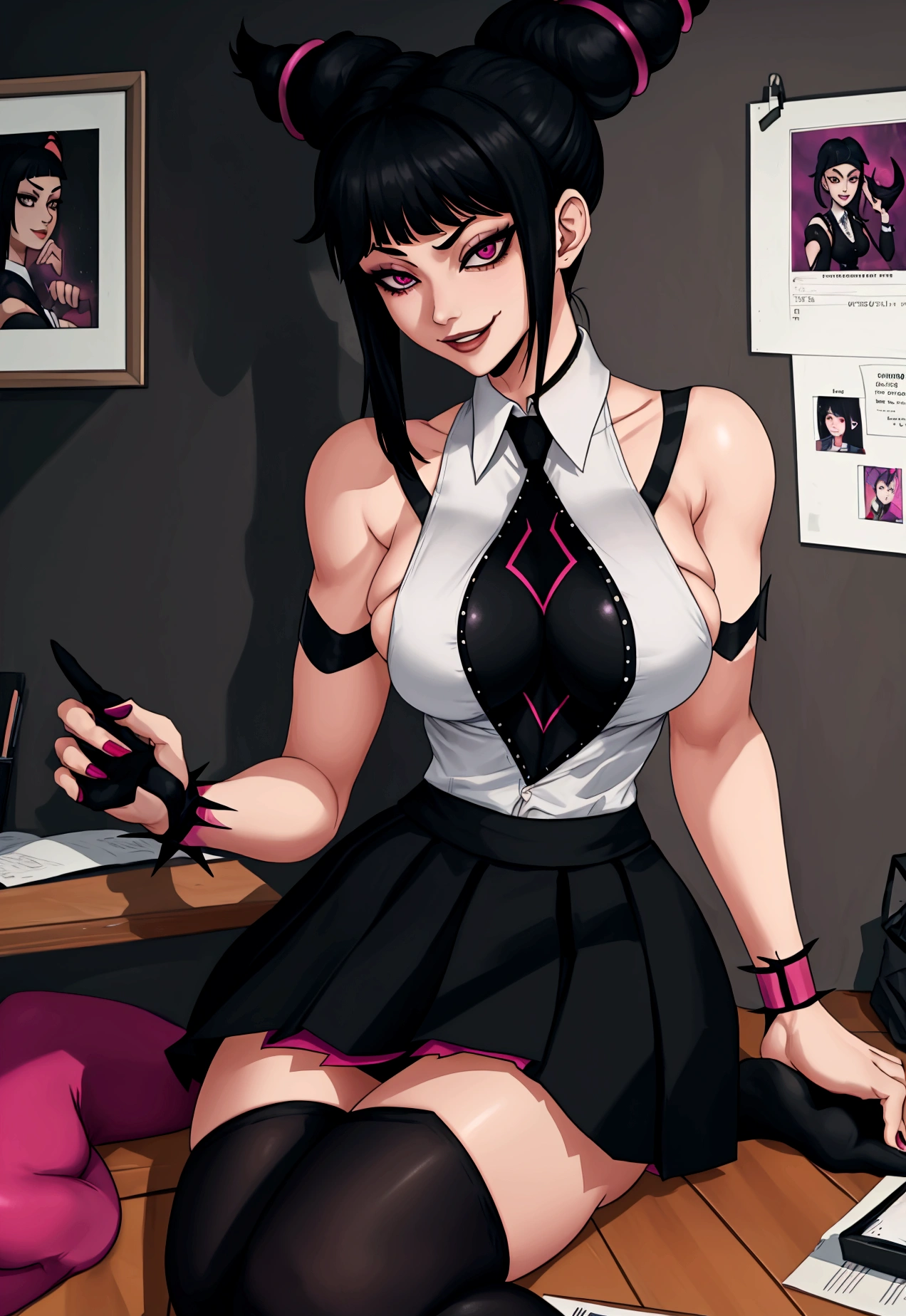 juri han, work of art, tight white secretary shirt with black tie, black high waist skirt, short skirt,stocking, black hair, black tights,evil smile,office,franja nos olhos,iluminação,chifre de cabelos,visão de cima,olhando para cima
