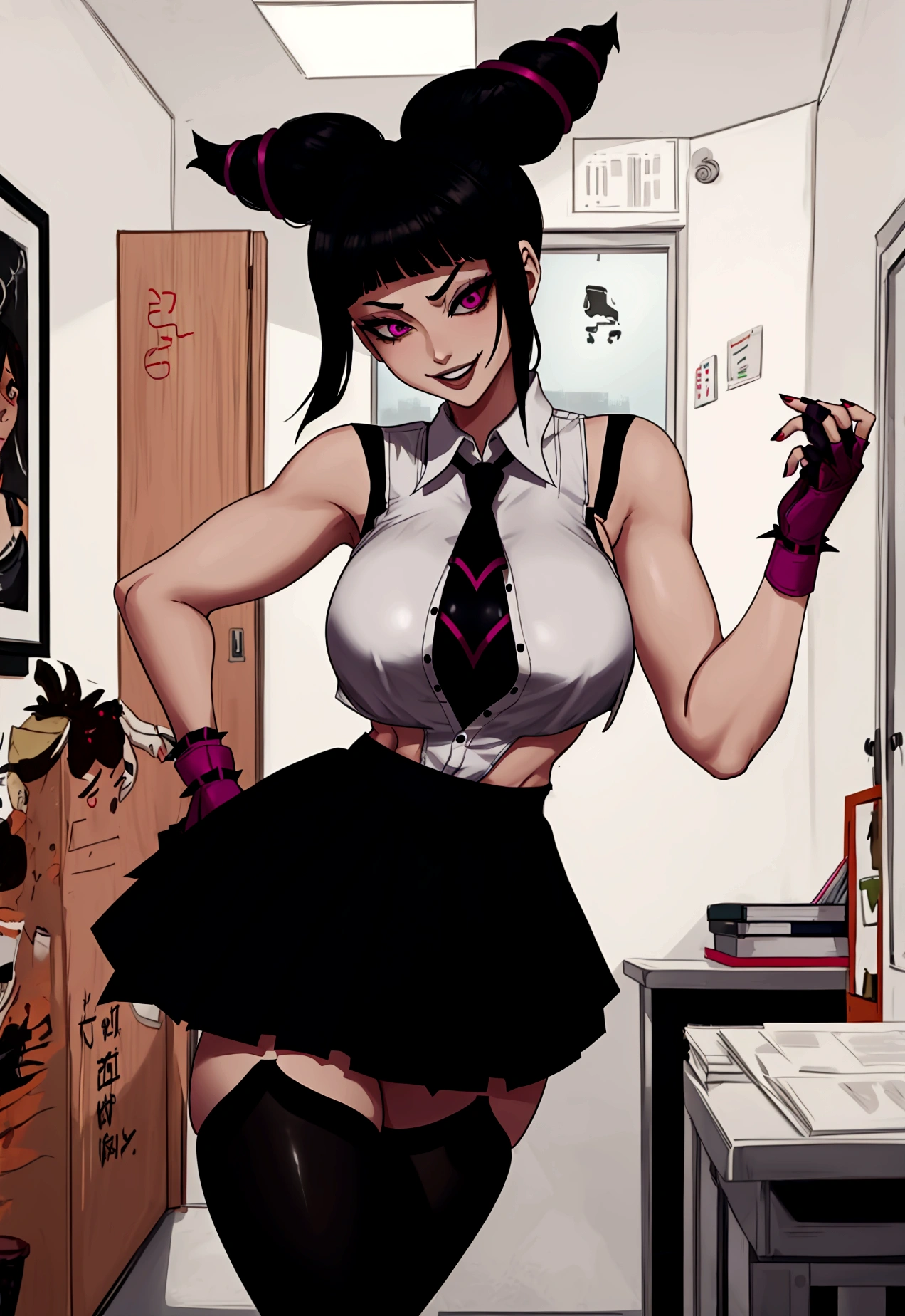 juri han, work of art, tight white secretary shirt with black tie, black high waist skirt, short skirt,stocking, black hair, black tights,evil smile,office,franja nos olhos,iluminação,chifre de cabelos,visão de cima,olhando para cima
